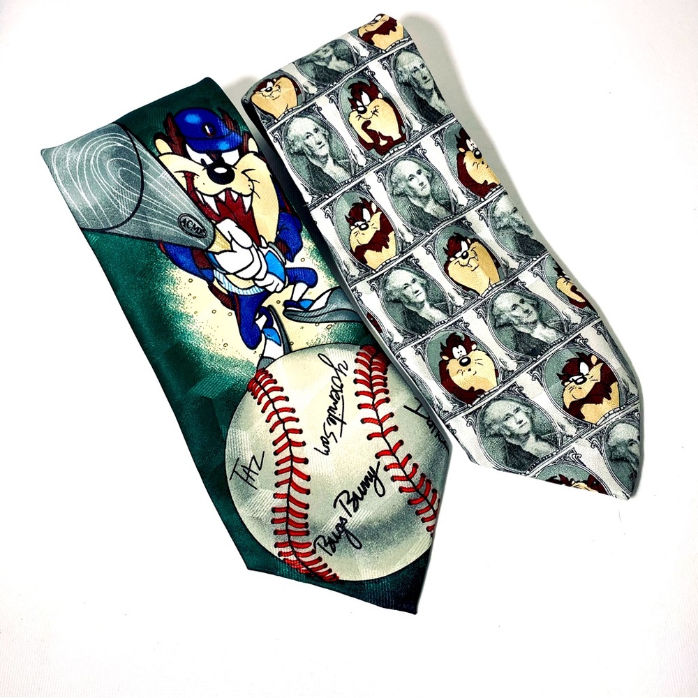 Playful Looney Tunes Tazmanian Devil Ties - Baseball & Dollar Bill - set of 2
